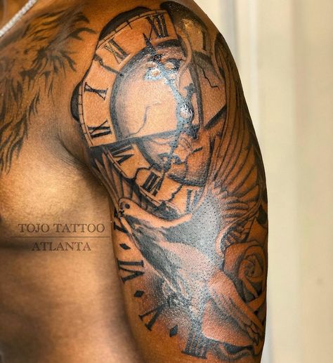 Shoulder Tats Men, Top Of Shoulder Tattoo Men, Time Flies Tattoo, Half Sleeve Tattoos For Men Upper Arm, Black Men Shoulder Tattoo, Shoulder Arm Tattoo, Upper Shoulder Tattoo Men Ideas, Shoulder Tattoo Men, Shoulder Piece Tattoo