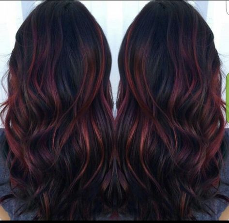 Red Highlight Hair Color, Red Colour Highlights For Black Hair, Long Dark Hair With Red Highlights, Hair Color Ideas For Brunettes Red Highlights, Fall Foils For Brown Hair, Black With Red Balayage, Brunette With Dark Red Highlights, Top Black Bottom Red Hair, Black Brown Red Hair