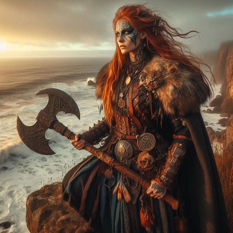 mysterious warrior woman, foggy cliff, sea, fiery red hair, rune tattoos, fantasy medieval armor, flowing cloak, decorated axe, dragon tooth necklace, mystic calm atmosphere, first sunlight, gentle golden hue, thoughtful look Red Hair Warrior Woman, Red Hair Warrior, Rune Tattoos, Dragon Tooth, Viking Warrior Woman, Fiery Red Hair, Rune Tattoo, Tooth Necklace, Dungeons And Dragons Characters