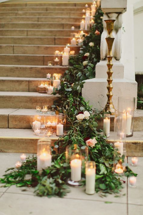 Garland and Candles on Stairs | photography by http://www.damarismia.com Greenery Wedding Decor, Rustic Wedding Decorations, Bride Ideas, Wedding Reception Ideas, Winter Wedding Decorations, Budget Friendly Wedding, Winter Wedding Flowers, Whimsical Wedding, Wedding Aisle