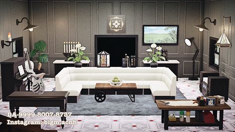 Black And White Acnh House, Animal Crossing Living Rooms Ideas, Animal Crossing White Living Room, Animal Crossing Modern Living Room, Modern House Animal Crossing, Acnh Lobby Room, Animal Crossing Living Room Ideas Black, Acnh Black And White Room, Acnh House Living Room