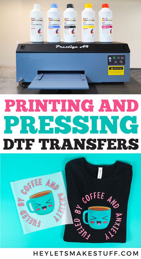 DTF (direct-to-film) is taking the printing world by storm! Here's how to print and press DTF transfers, which work on both light and dark fabrics, including cotton, polyester, and blends! How To Make Heat Transfers, Heat Press Business, Screen Print Transfers Ready To Press, How To Do Dtf Transfers, Dtf Hack, Dtf Print Designs Tshirt, Dtf Transfer Ready To Press, Dtf Printing, Dtf Transfer