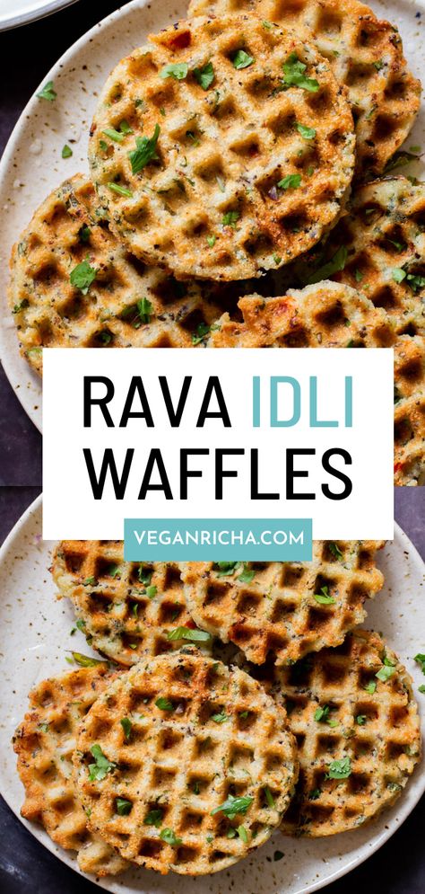 Rava idli waffles is a fun spin on a South Indian savory cake. It has a lovely, delicate texture and is seasoned with whole spices, ginger, chili, and cilantro. It’s an amazing savory breakfast served with chutney, Indian pickles, or sambar. Indian Waffle Recipe, Indian Brunch Ideas, South Indian Lunch Recipes, Lunch Treats, Arabic Desert, Instant Snacks, Savory Waffle Recipe, Indian Pickles, Savory Cake