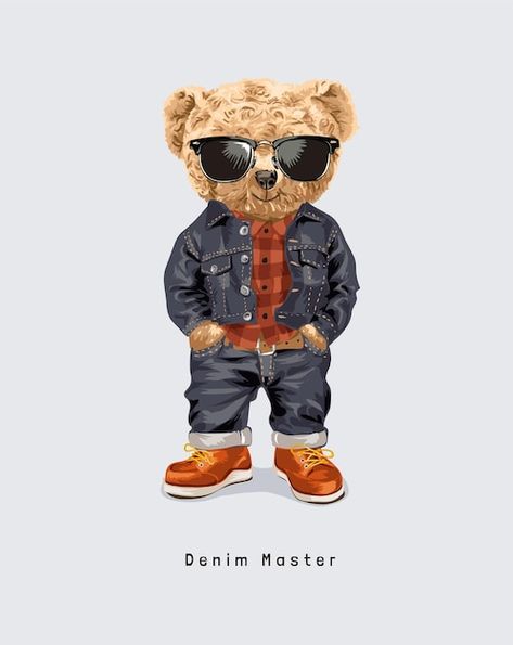 Bear Character Design, Crossfit Logo, Teddy Bear Cartoon, Denim Jacket And Jeans, Emb Designs, Bear Character, Teddy Bear Design, Teddy Bear Doll, Bear Illustration