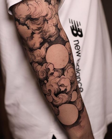 Japanese Tattoo Art Clouds, Boxed Tattoo Ideas, Half Sleeve Nature Tattoo For Men, Half Sleeve Tattoo Ideas Female, Fine Line Sleeve Men, Smokey Clouds Tattoo, Asian Clouds Tattoo, Arabic Tattoos Men, Large Tattoos Men