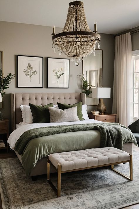 Grey Green And Cream Bedroom, Neutral Color Bedroom Aesthetic, Bedroom Ideas Board And Batten Master, Modern Bedroom Green Bedding, Different Shades Of Green Bedroom, Dream Bedroom Master Earthy, Cool Earth Tone Bedroom, White Tan And Green Bedroom, French Country Decorating Bedroom Master Suite