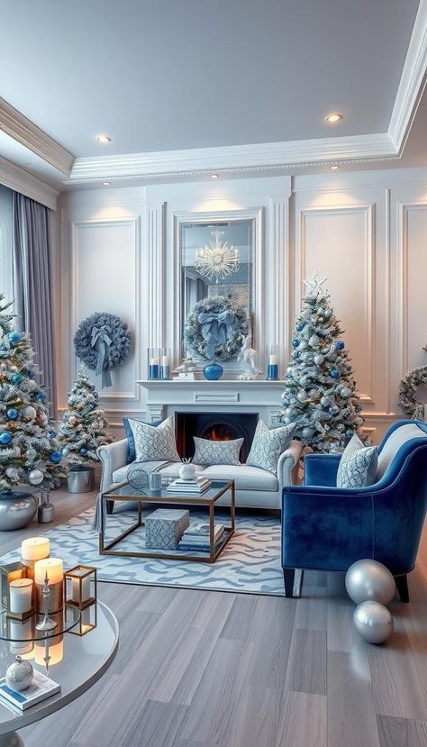 Transform your home into a sparkling winter wonderland with blue and silver Christmas decor! 💙❄️ From shimmering ornaments to frosty garlands, this chic color combo creates a festive and sophisticated vibe. Perfect for a dazzling holiday season! 🎁✨ #BlueAndSilver #HolidayDecor #WinterInspo Blue Silver Christmas Decor, Blue And Silver Christmas Decor, Glam Christmas Decor Ideas, Blue Christmas Theme, Blue Silver Christmas, Silver Christmas Decor, Blue And Silver Christmas, Blue White Christmas, Joy Decorations