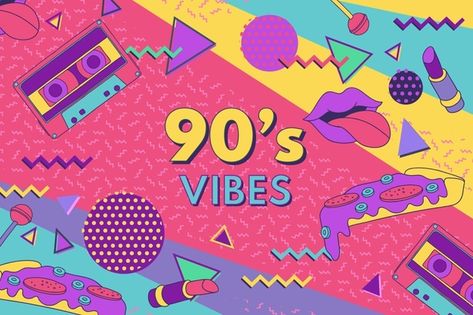 Hand drawn nostalgic 90's background | Premium Vector #Freepik #vector #background #vintage #abstract #wallpaper 90 Background, 90s Background, Ar Fashion, Nostalgic Music, 90th Birthday Invitations, Love Parade, 90s Theme Party, Nostalgia Art, 90s Art