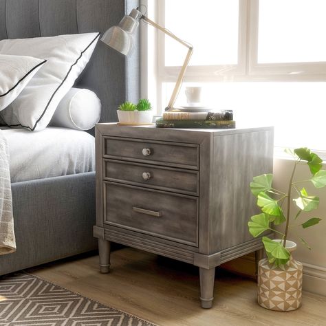 Gray Bedside Table, Grey Upholstered Bed, Gray Nightstand, Wood Bedside Table, Boho Chic Furniture, Wood Nightstand, Furniture Of America, Furniture Outlet Stores, Chic Furniture