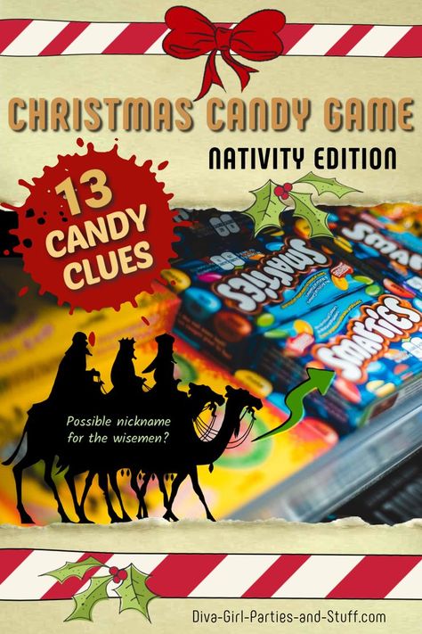 Guess the popular candy names in this Christmas Candy Game with 13 nativity themed clues. Fun icebreaker for Christmas parties. Candy Bar Game Christmas, Nativity Themed Christmas Party, Christmas Cookie Game, Christmas Candy Game, Christmas Sunday School Games, Candy Games For Parties, Church Christmas Games, Christian Christmas Party Games, The Candy Bar Game