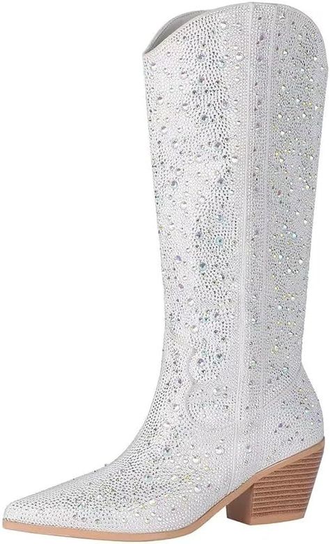 vimitty Women's Rhinestone Glitter Cowboy Boots Chunky Heels Cowgirl Boots Sparkly Side Zipper Co... | Amazon (US) Cowgirl Boots Sparkly, Glitter Cowboy Boots, Silver Cowboy Boots, Ladies Long Boots, Boots Chunky, Winter Knit Hats, Western Boots Women, Boot Accessories, Cowgirl Boots