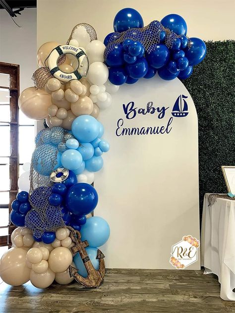 Sailor Theme Party Centerpieces, Nautical Party Balloons, Sailor Birthday Decoration, Nautical Balloon Garland, Marine Birthday Theme, Sailor Birthday Theme, Nautical Balloon Decor, Nautical Themed Baby Shower Boy, Nautical Balloon Arch