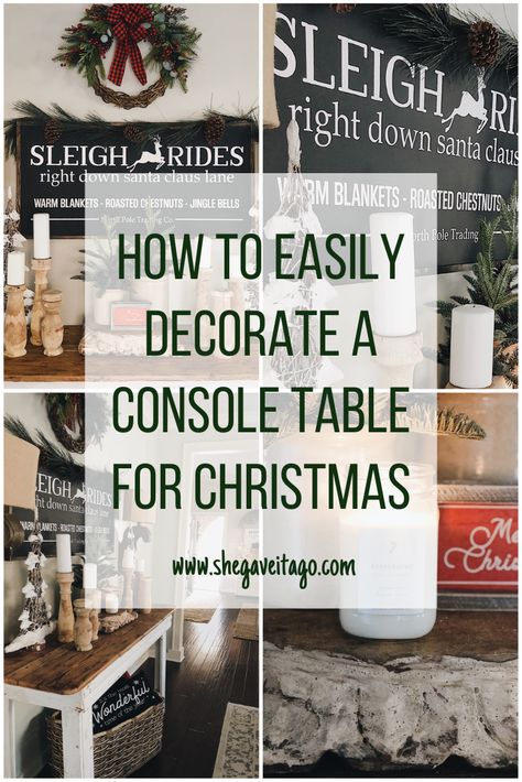 How To Easily Decorate A Console Table For Christmas! Console table styled with Christmas decorations in farmhouse style! #DIY #Christmas #Christmasdecor #farmhouse #farmhousestyle Christmas Decorations For Entry Table, How To Decorate A Sideboard For Christmas, Christmas Decor Ideas Sideboard, Console Table Styling For Christmas, Sofa Table Behind Couch Christmas Decor, Foyer Table Decor Christmas, Hobby Lobby Console Table Decor, Christmas Decor Ideas For Console Table, Christmas Decor For Tv Console