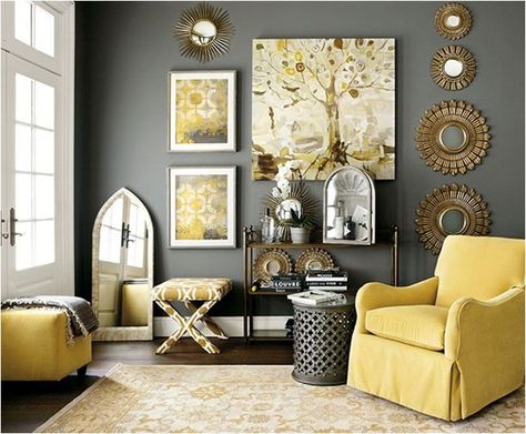 Area rugs are yet another tool for deciding what colors or patterns to include in a space, yellow and gray dominating the motif of the rug in this living room, and the same hues reappearing in the fabrics, artwork, and wall color. Grey And Yellow Living Room, Yellow Furniture, Gray Walls, Yellow Living Room, Decoration Inspiration, Living Room Grey, New Living Room, A Living Room, Front Room