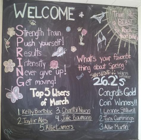 Gym Chalkboard Ideas, Anytime Fitness Chalkboard, Gym Chalkboard, Gym Painting, Spring Chalkboard Art, Workout Art, Fitness Center Design, Spring Chalkboard, Chalkboard Wall Art