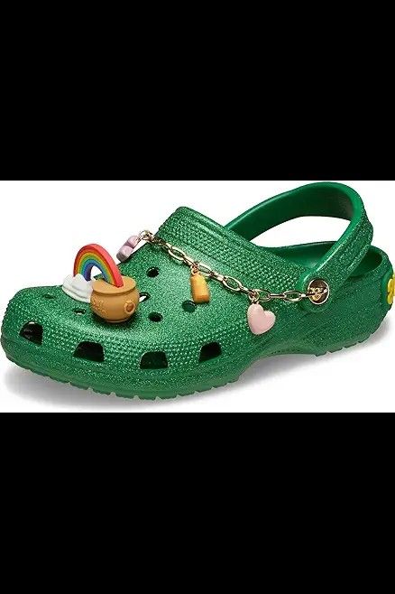 Green crocs with small lucky charms clogs in them Green Croc Aesthetic, Lucky Charm Crocs, Moon Jelly Crocs, Army Green Crocs, Light Green Crocs With Charms, Green Crocs, Charms Crocs, Lucky Charms, Mule Clogs