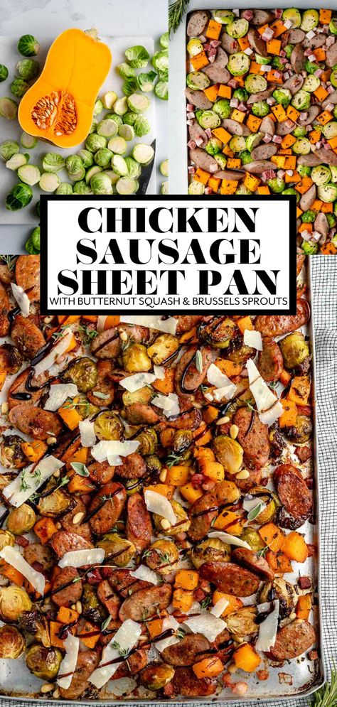 A hearty & easy Sheet Pan Chicken Sausage & Vegetables Dinner inspired by fall! Chicken apple sausage, butternut squash, & Brussels sprouts tossed in a quick maple dressing, & roast with pancetta & pine nuts to crispy, caramelly perfection. This healthy chicken sausage sheet pan is filled with the bold, rich flavors of fall. Meal prep, make-ahead, & weeknight-friendly. #sheetpandinners #fallsheetpandinners #sheetpanchickensausageandveggies #chickensausagesheetpan #chickensausage #healthy Chicken Sausage Sheet Pan, Harvest Sheet Pan, Sausage Butternut Squash, Fall Meal Prep, Hearty Fall Meal, Sausage Sheet Pan, Butternut Squash Sausage, Easy Sheet Pan Chicken, Vegetables Dinner