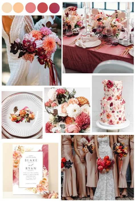 Elegant Cream, Peach, coral Pink and Burgundy Wedding color Theme May Wedding Color Pallet, Ivory Color Palette Wedding, Burgundy Coral Wedding, September Wedding Pink, Burgundy Pink And Orange Wedding, Fall Wedding Color Palette Pink, Pink Peach Wedding Theme, Sunset Wedding Color Scheme, Pink October Wedding