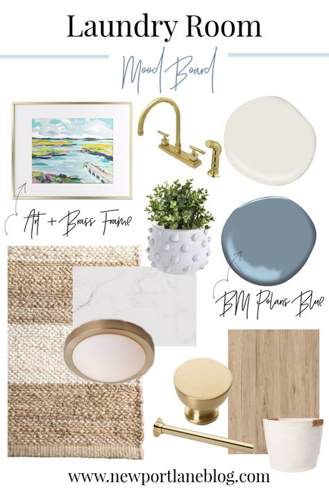 Coastal Laundry Room Decor, Coastal Style Laundry Room, Coastal Modern Laundry Room, Mood Board Laundry Room, Mudroom Mood Board, Modern Coastal Laundry Room, Beachy Laundry Room Ideas, Beach Laundry Room, Beachy Laundry Room