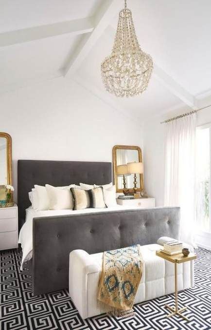 40 Grey and White Bedroom Ideas | Decoholic Gray Tufted Bed, White Gold Bedroom, Grey And Gold Bedroom, Gold Bedroom Decor, Drop Chandelier, Glam Bedroom, Tufted Bed, Gold Bedroom, Grey Bedroom