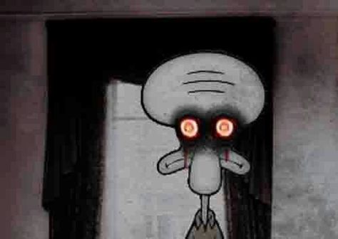 Demon Squidward. Eyes bleeding n everything. Love it. Childhood Ruined, Gif Terror, Pokemon Red Blue, Squidward Tentacles, Slender Man, Happy Tree Friends, Urban Legends, Scary Stories, Spongebob Squarepants