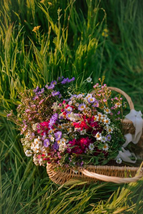 Spring, wild flowers, bouquet, picnic basket, flower bouquet, spring aesthetic, grass field Spring Flower Basket, Forest Flower Bouquet, Basket Bouquet Wedding, Picnic Basket With Flowers, Wild Flower Bouquet Aesthetic, Wild Flower Field Aesthetic, Picking Flowers Aesthetic, Flower Basket Aesthetic, Flower Picking Aesthetic