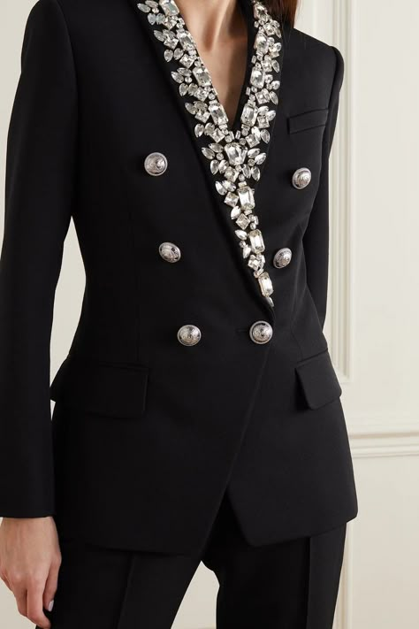 Wedding Party Attire, Balmain Clothing, Rhinestone Collar, Designer Suit, Party Attire, Nice Clothes, Woman Suit Fashion, Black Suit, Fashion Design Clothes