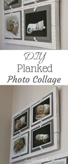 DIY Planked Photo Collage by Simply Beautiful by Angela Picture Collage Diy Projects, Wall Collage Hallway, Collage Hallway, Diy Photo Collage Frame, Diy Collage Picture Frames, Hallway Diy, Artwork Framing, Picture Collages, Photo Collage Diy