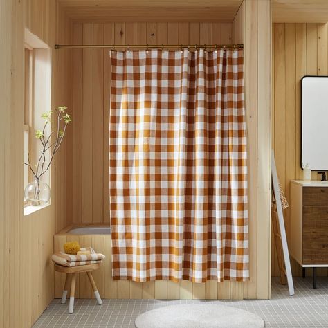 Gingham Shower Curtain, Best Shower Curtains, White Subway Tile Bathroom, Gingham Curtains, Heather Taylor, Striped Bath Towels, Cool Shower Curtains, Bed Foundation, Striped Shower Curtains