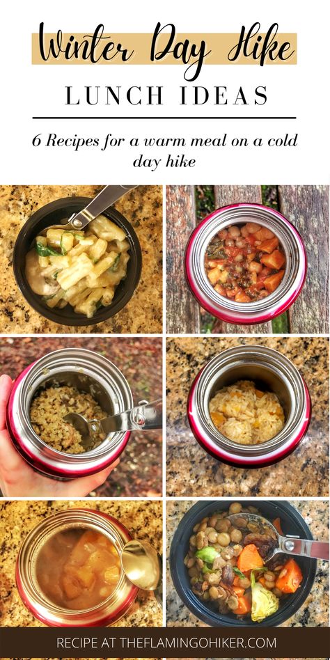 Winter hike lunch ideas - Hiking in winter is cold enough as it is, so let's get warm with warm hiking food for lunch. Discover 6 easy hiking recipes to make at home before the big day and easily carried in a thermos food flask to stay warm until lunch. You will never run out of lunch ideas for day hike in winter ever again! Winter Packed Lunch Ideas, Food Flask Recipes, Day Hike Food Ideas, Food Flask Lunch Ideas, Healthy Thermos Lunch Ideas, Hot Lunch Ideas For Kids Thermos, Thermos Meals, Thermos Recipes, Thermos Cooking