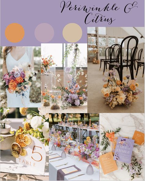 Lavender And Tangerine Wedding, Violet Wedding Decorations, Lavender And Orange Wedding Theme, Orange Lilac Color Palette, Rust And Lilac Wedding, Lavender Color Palette Wedding, Light Purple And Orange Wedding, Purple And Orange Wedding Ideas, Orange And Lavender Wedding