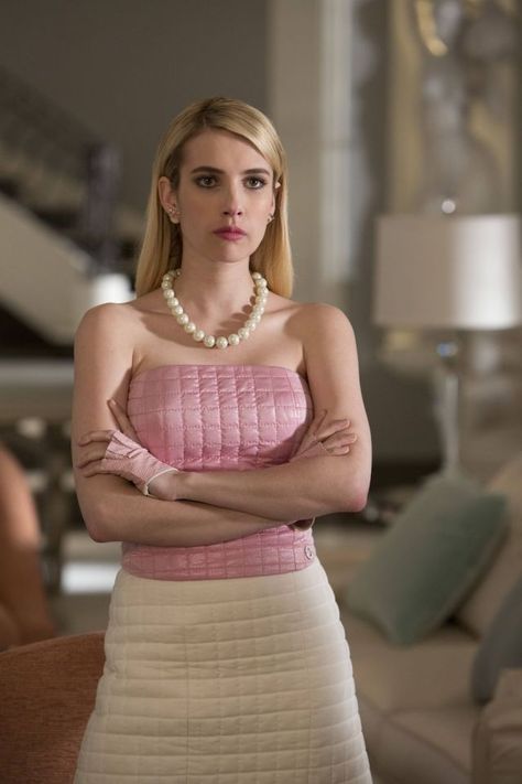 12 Amazing "Scream Queens" Outfits You'll Die Over  - Seventeen.com Scream Queens, Emma Roberts, Scream, Chanel, Skirt, Pink, White