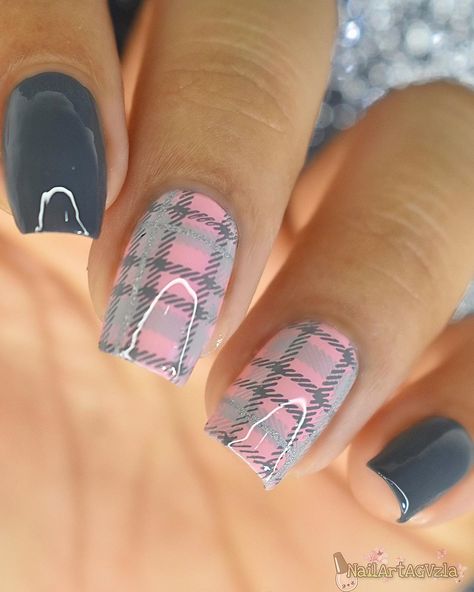 Hello! These are my plaid nails for two challenges: 1st: plaid for #glamnailschallengesept by @glamnailschallenge. 2nd: Grey Plaid for the… | Instagram Check Nails Designs, Pink Plaid Nail Designs, Winter Plaid Nails, Tartan Nails, Argyle Nails, Plaid Nail Designs, Tips For Happy Life, G Nails, Fall Flannel