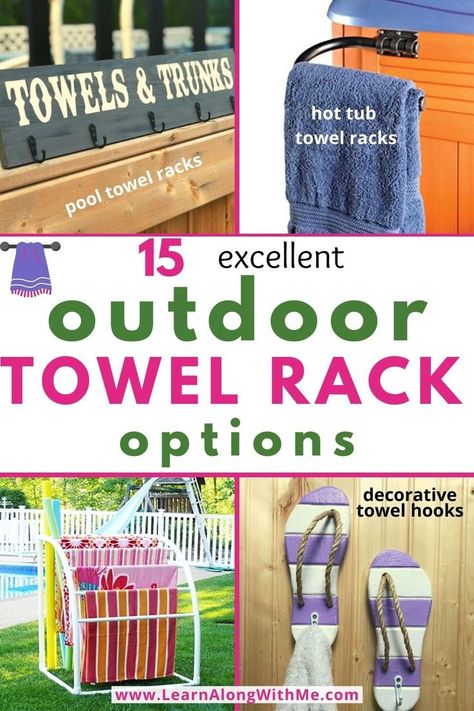 Outdoor Towel Rack options - 15 great options to keep your outdoor towels off your grass or pool deck this summer.
There are some great towel racks that'll hold multiple towels by the pool...great for a family....and some towel hooks that would be great next to a hot tub. Diy Towel Drying Rack For Pool, Hanging Beach Towels Outside, Diy Hot Tub Towel Rack Outdoor, Towel Racks For Pool Area, Wet Pool Towel Storage Ideas, Beach Towel Holders, Towel Rack For Hot Tub, Outdoor Pool Towel Holder, Pool Towels Drying