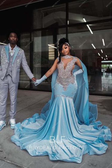 Prom Cinderella Dress, Light Blue Prom Dresses Black Women, How To Make A Prom Dress, Disney Prom Dresses Princesses, Prom Color Ideas, Hood Prom, Prom Dresses With Cape, Exotic Prom Dresses, Prom Dress With Cape