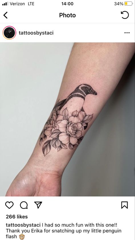 Penguin Flower Tattoo, Floral Penguin Tattoo, Penguin And Flower Tattoo, Penguin Tattoos, Grandma Tattoo, Grandma Tattoos, Penguin Tattoo, Couples Tattoo Designs, Penguin Art