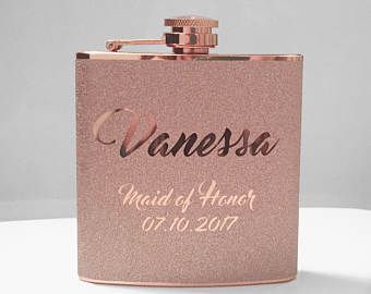 Personalized Glitter Copper Stainless Steel 6 oz Liquor Hip Flask- Gifts for Maid of Honor or Bridesmaids BF-F1029 Gifts For Maid Of Honor, Bridesmaid Flask, Glitter Flask, Girls Trip Gifts, Custom Flask, Glitter Rose Gold, Flask Gift, Personalized Flasks, Maid Of Honour Gifts