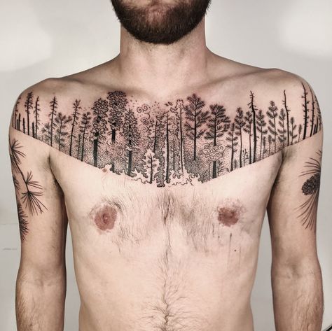 Forest trees tattoo Pony Reinhardt, Men With Tattoos, Trees Tattoo, Tattoos Mandala, Omerta Tattoo, Tattoo Inspiration Men, Cool Chest Tattoos, Back Of Shoulder Tattoo, Chest Tattoos For Women