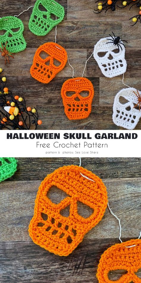 Halloween Skull Garland Halloween Skull Garland, Crochet Halloween Mug Rug, Crochet Pumpkin Motif, Ghost Applique Crochet Pattern, Crochet Halloween Ornaments Free Pattern, Crochet Skull Garland, Crocheted Skulls Free Patterns, Easy Crochet Leaves Free Pattern, Crocheted Halloween Decorations