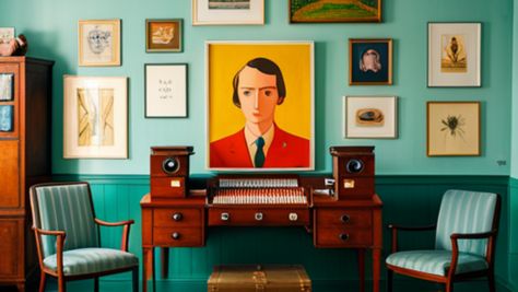 Wes Anderson Decor: How To Create a Cinematic Escape - Home Wes Anderson Room Inspiration, Wes Anderson Home Interiors, We Anderson Aesthetic, Wes Anderson Dining Room, Wes Anderson Furniture, Wes Anderson Style Decor, Wes Anderson Home Decor, Wes Anderson Home, Wes Anderson Decor Interior Design