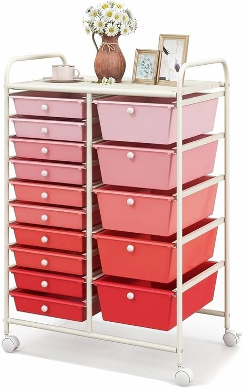 KOTEK 15-Drawer Rolling Storage Cart, Multipurpose Mobile Utility Cart with 4 Wheels, Home Office School Tools Scrapbook Paper Organizer (Pink) : Amazon.ca: Home Scrapbook Paper Organization, Drawer Cart, Organization Cart, Rolling Storage Cart, Storage Trolley, Rolling Storage, Utility Cart, Rolling Cart, Plastic Drawers