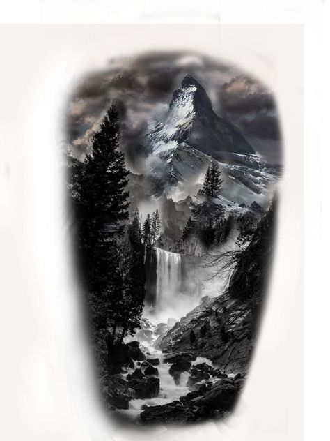 Landscape tattoos & designs Limited Availability at New Testament Tattoostudio Tree Scenery Tattoo, Wolf Scenery Tattoo, Scenic Mountain Tattoo, Forest Design Tattoo, Water And Tree Tattoo, Winter Forest Tattoo, Realism Mountain Tattoo, Forest Back Tattoo, Wilderness Tattoos For Men