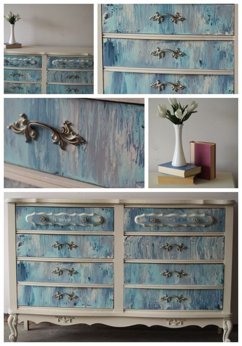 How to make over a french provincial dresser | How to paint pour on furniture | dresser paint pour how to tutorial Boho Dressers, Desk Remodel, Solid Desk, Redesign Transfers, Dresser Paint, Victorian Bathrooms, Gray Painted Furniture, Farmhouse Victorian, Boy Dresser