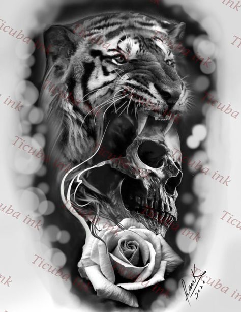 Tiger And Skull Tattoo Design, Tiger Rose Tattoo Design, Tiger Skull Tattoo, Skull Tattoo Sleeve, Day Of Dead Tattoo, Tiger Head Tattoo, Tiger Tattoo Sleeve, Tattoo Tiger, Skull Rose Tattoos