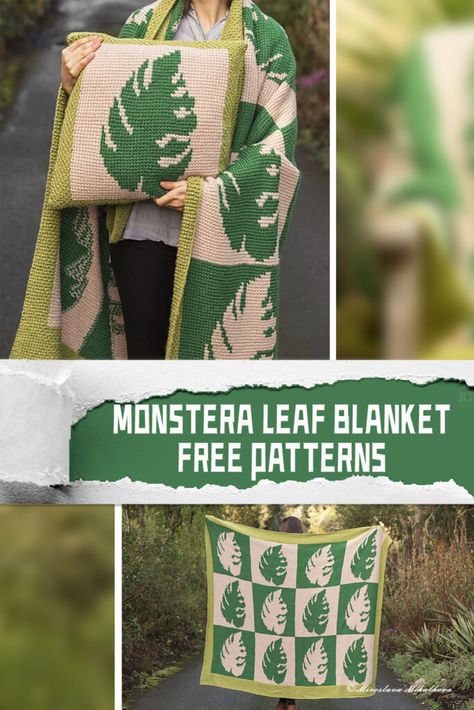 FREE Monstera Leaf Blanket Patterns Crochet Monstera Leaf Blanket, Crochet Pot Leaf, Crochet Monstera, Monstera Pattern, Plant Crochet, Leaf Blanket, Crochet Pot, Crochet Square Blanket, Mosaic Crochet