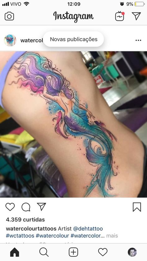 Mermaid Leg Tattoos Women, Siren Mermaid Tattoos, Mermaid Tail Tattoo, Sea Tattoos, Watercolor Galaxy Tattoo, Mermaid Sleeve Tattoos, Unicorn Tattoo Designs, Colour Tattoo For Women, Whimsical Tattoos