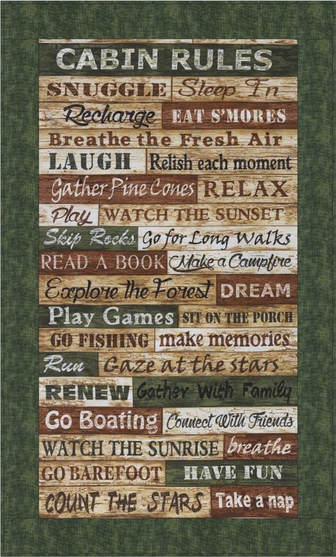 Cabin Rules, Wholesale Fabric Suppliers, Cabin Bedroom, Family Cabin, Timeless Treasures Fabric, Studio Green, Fabric Pictures, Novelty Fabric, The Cabin