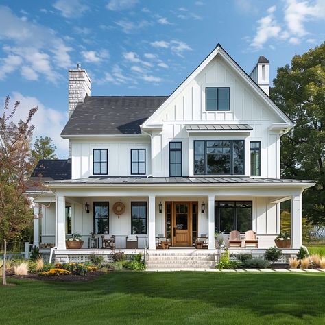 farmhouse house design American House Exterior Design, Farmhouse House Design, American House Exterior, American Home Interior, Farmhouse Facade, Farm Homes, Front Porch Addition, Different House Styles, Nice Houses