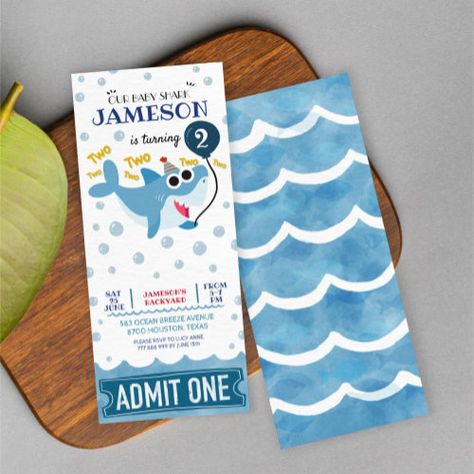 Baby Shark Second Birthday Ticket Admit One Invitation #zazzle #weddinginvitations #birthdayinvitations #babyshowerinvitations #zazzleinvitations #monogram #businesscards #graduation #homedecor Baby Shark Second Birthday, Baby Shark 3rd Birthday, Shark Party Invitations, Shark Birthday Party Invitation, Sea Bubbles, Fishing Invitations, Birthday Ticket, Baby Shark Party, Third Birthday Invitations