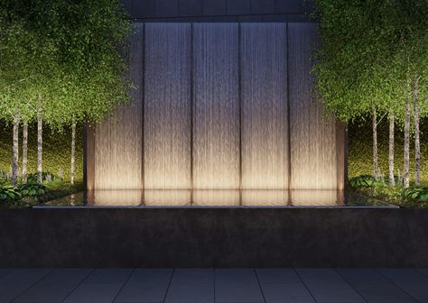 Water Feature Lighting, Plaza Design, Water Feature Wall, Landscape Lighting Design, Pool Water Features, Waterfall Wall, Waterfall Design, Landscape Architecture Design, Water Walls